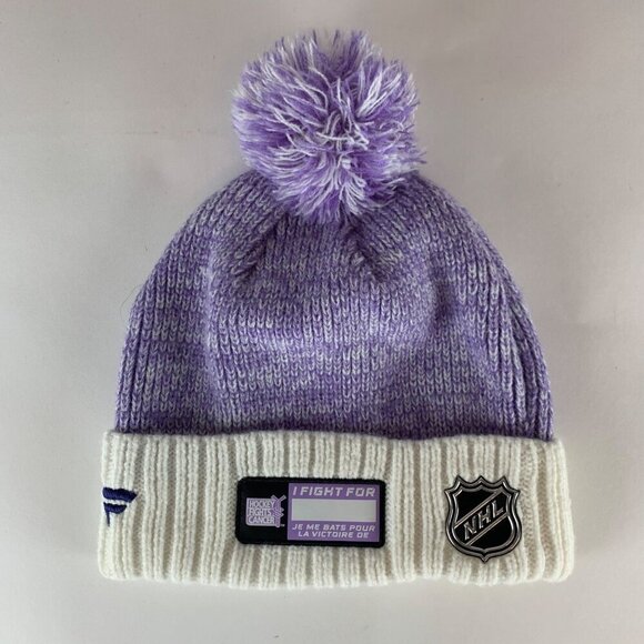 Arizona Coyotes NHL Purple White Fanatics Hockey Fights Cancer Pom Beanie Cap - Picture 2 of 3